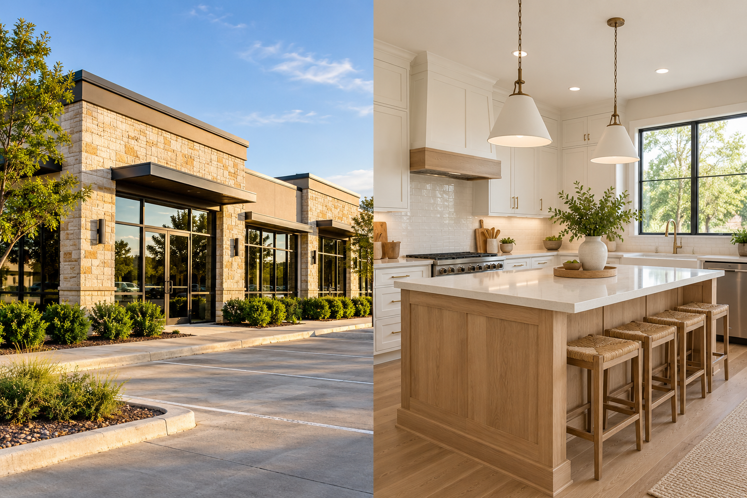 Illustrative commercial property and remodeled kitchen